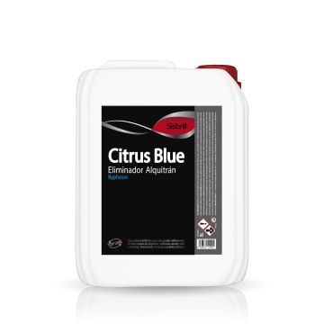 Frontal de una garrafa de 5 litros de Citrus Blue Eliminador de Alquitrán
