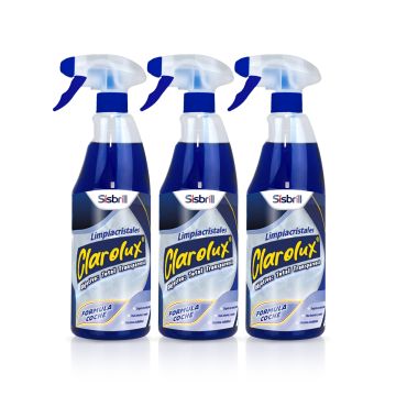 Frontal de tres botellas de Clarolux Limpiacristales