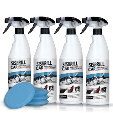 Frontal de 4 botellas de Sisbrill Car Acondicionador de Plásticos, Piel y Gomas con 4 aplicadores azules