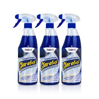 Frontal de tres botellas de Clarolux Limpiacristales
