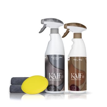 Frontal de botellas de Kaif (1) Limpiador 750ml y Kaif(2) Crema Hidratante 500ml