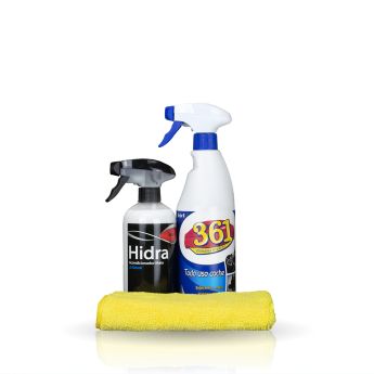 Foto frontal del Kit de Limpieza Interior que incluye el limpiador 361 Todo Uso Coche, el acondicionador Hidra  y una microfibra amarilla