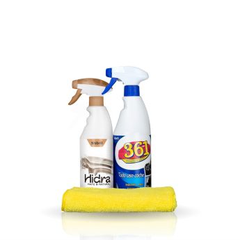 Foto frontal del Kit de Limpieza Interior que incluye el limpiador 361 Todo Uso Coche, el acondicionador Hidra  y una microfibra amarilla
