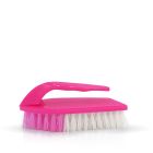 Frontal de un cepillo para tapicerías con forma de plancha, de cerdas rosas y blancas y mango rosa