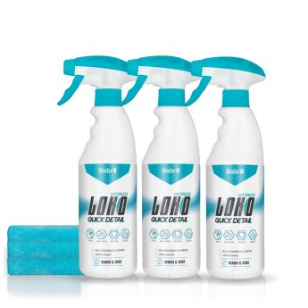 Frontal de pack de 3 botellas de Loko Quick Detail con tres microfibras