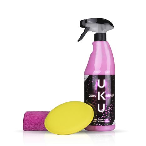 Frontal de la botella de Uku Cera R&aacute;pida con un aplicador de poliespuma amarillo y una microfibra de color rosa