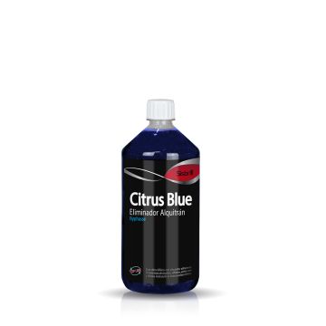 Frontal de una botella de Citrus Blue Eliminador de Alquitrán