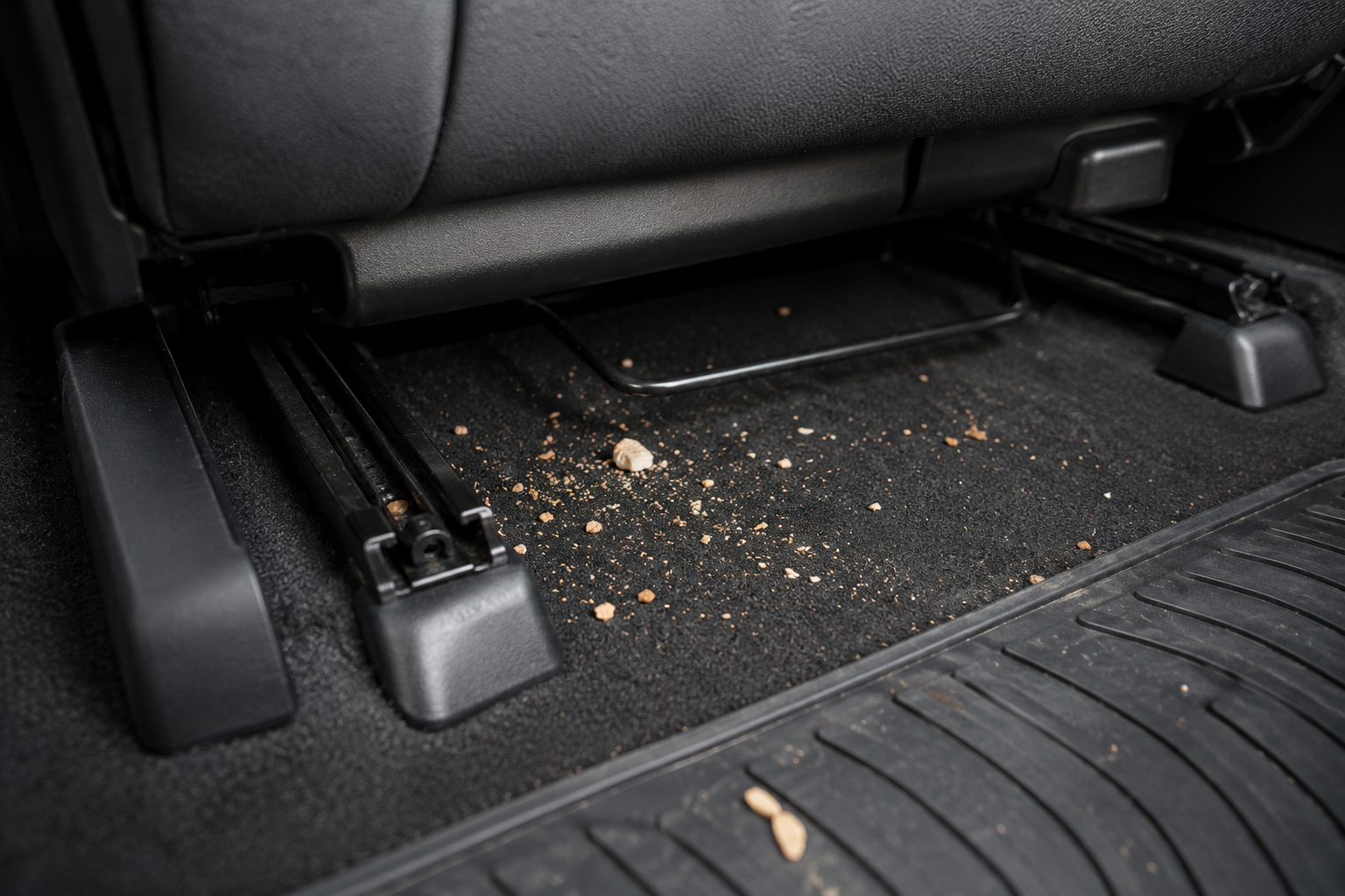 Migas y restos de comida bajo el asiento delantero de un coche