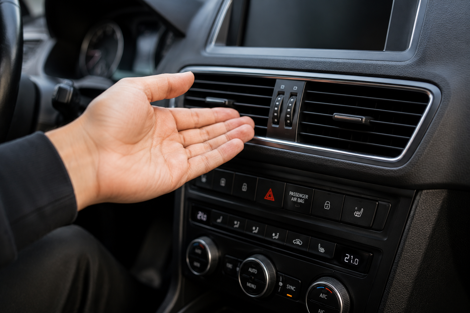 Mano masculina señalando el sistema de climatización de un coche como fuente de malos olores