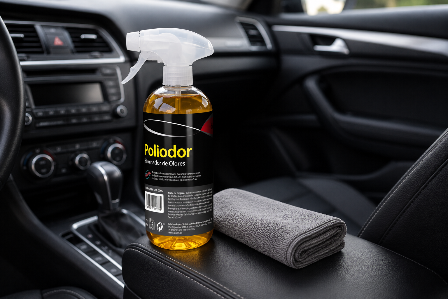 Botella de Poliodor eliminador de Olores de Sisbrill junto a microfibra en el interior de un coche