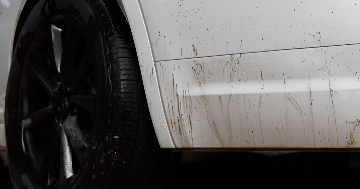 La imagen muestra la parte lateral de un coche blanco con manchas de alquitrán en la carrocería cerca de la rueda trasera. Las marcas oscuras contrastan con el color claro del vehículo, indicando suciedad y necesidad de limpieza.