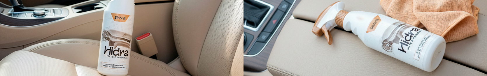 Sisbrill Hidra Acondicionador Mate y Natural de 500 ml en el interior de un coche cerca del volante y sobre los plásticos