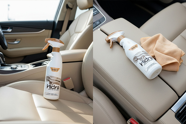 Sisbrill Hidra Acondicionador Mate y Natural en el interior de un coche cerca del volante y sobre los plásticos