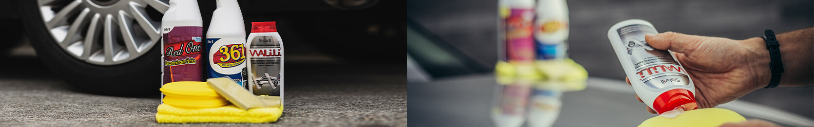 Kit Cuidado de la Pintura Sisbrill al fondo apoyado sobre un coche de pintura gris y delante de un coche de pintura negra