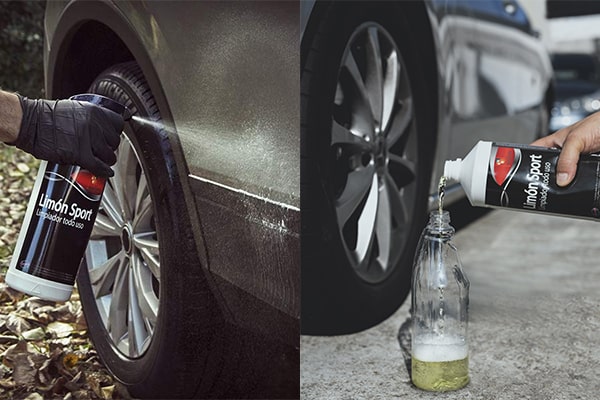 Sisbrill Limón Sport Limpiador Todo Uso vertido en botella y pulverizado sobre puerta de coche Opel gris