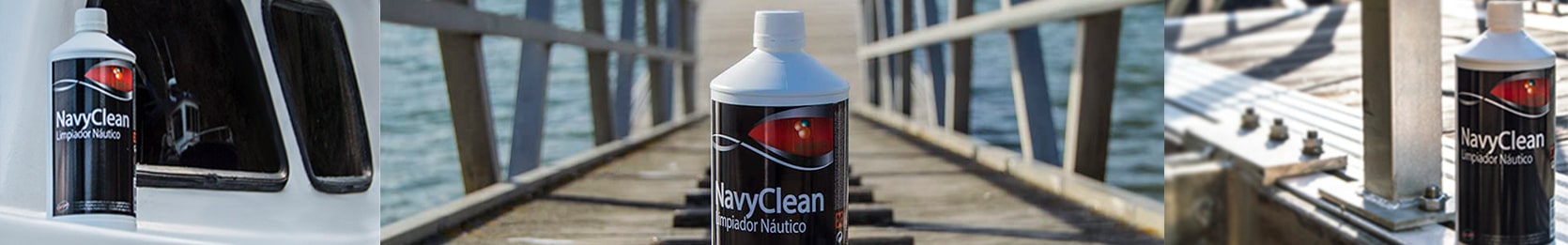 Sisbrill NavyClean limpiador náutico aplicado sobre casco de barco con fondo marítimo.