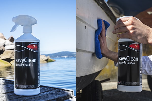 Sisbrill NavyClean limpiador náutico aplicado sobre casco de barco con fondo marítimo.