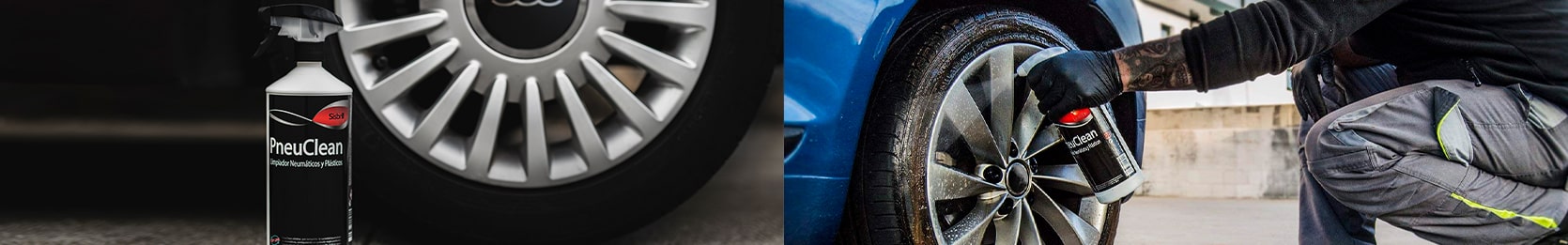 Sisbrill PneuClean limpiador de neumáticos y plásticos pulverizado sobre rueda de coche Opel azul