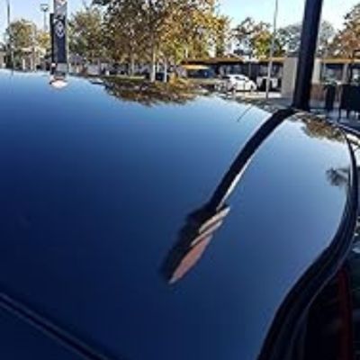 Techo de coche negro con un acabado brillante, reflejando árboles, postes y un concesionario de automóviles en el fondo.